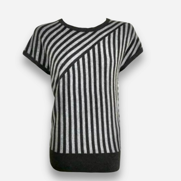Banana Republic Fine Italian Merino Sweater Diagonal Striped Short Sleeve Top M - Picture 2 of 15